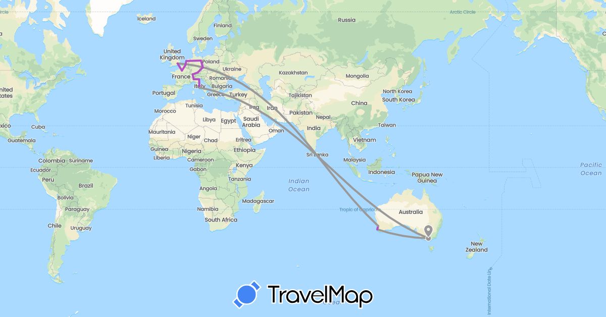 TravelMap itinerary: driving, plane, train in Australia, Belgium, Switzerland, Czech Republic, Germany, France, United Kingdom, Italy, Netherlands (Europe, Oceania)